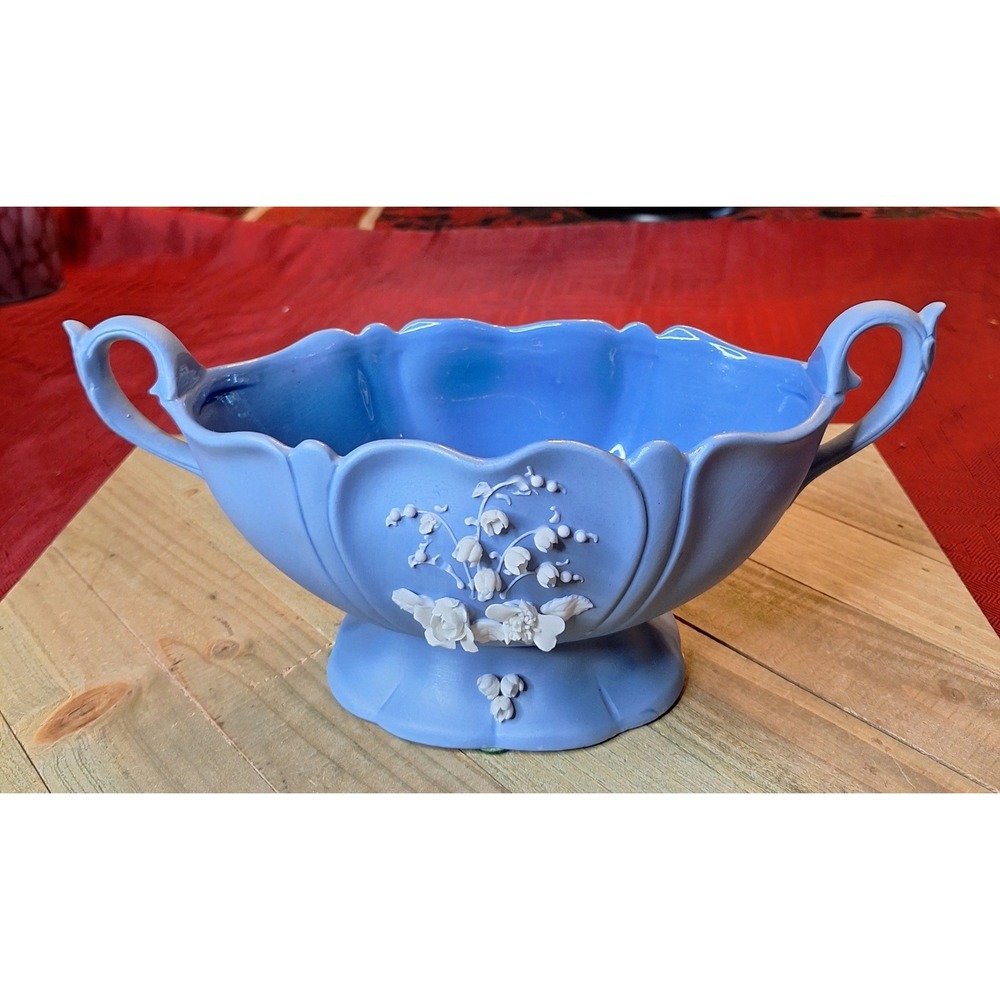 Vintage Blue Lefton Ceramic Centerpiece Bowl White Floral / Scalloped Pedestal